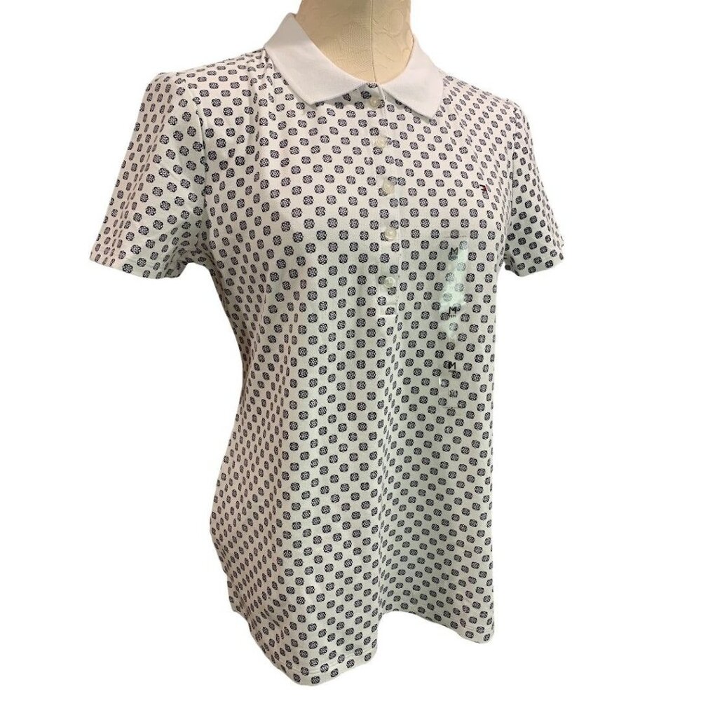 Medium Tommy Hilfiger Womens White Floral Print New Polo Shirt Short Sleeve